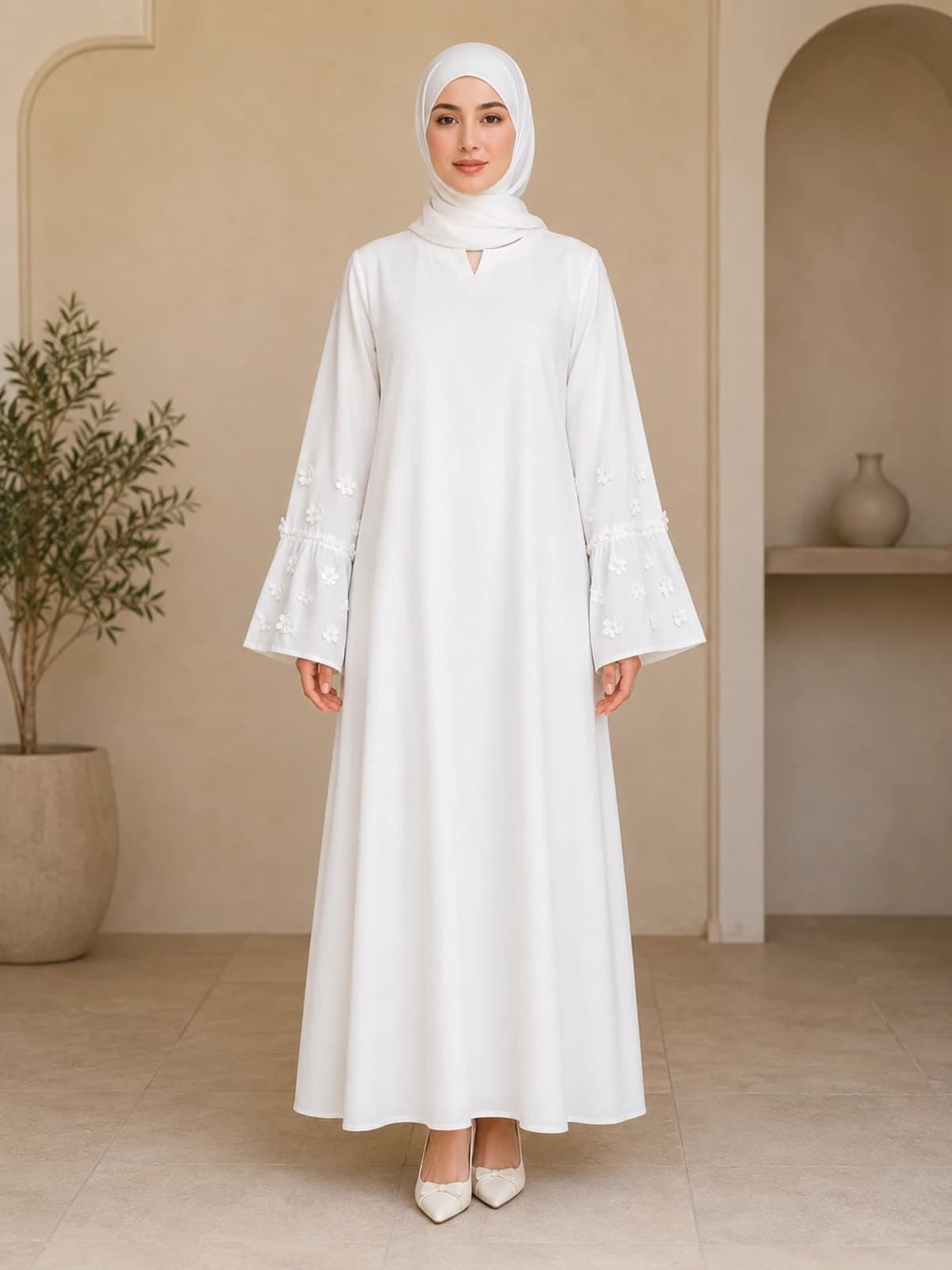 Ivory Floral Sleeve Abaya